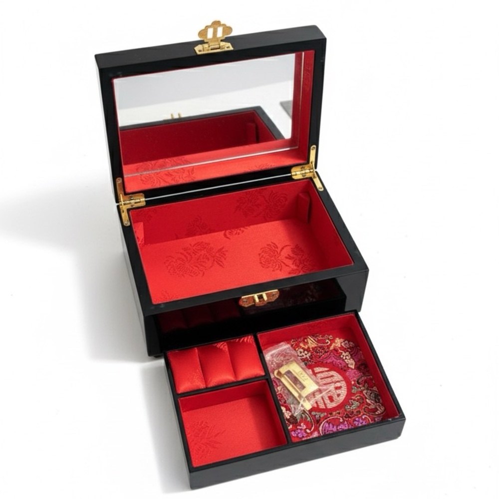 Lacquered Jewelry Box with Hand-Painted Peony Design